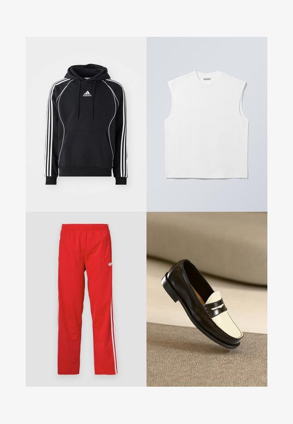 Sort Adidas hoodie med hvide striber på ærmerne, hvid pipedetalje foran, frontlomme i kænguru-stil og snøre i hætten.; Hvid ærmeløs bomulds top med rund hals og markerede skulderpartier, mærket "WEEKDAY" på halsmærket, vist på lys grå baggrund.; Røde træningsbukser lavet af letvægtsstof med elastisk linning og hvide striber ned langs siderne. Har et lille logo nær hoften.; Sort læderloafer med en cremefarvet vamp og sorte accentstriber, som har en lav hæl og detaljeret syning langs kanterne.