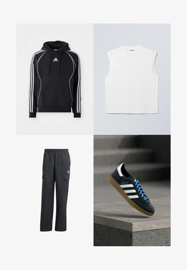 Musthave musta Adidas kapuutsiga, millel on valged triibud varrukatel, valge ääris ees, eesmine tasku ja reguleeritav kapuuts.; Valge puuvillane, varrukateta, ümmarguse kaelusega särk, millel on struktureeritud õlad ja mis kannab kaelal sildil brändi "WEEKDAY", kujutatud heledal hallil taustal.; Mustad mustreebiga mustad cargo püksid elastse vöökaarega, kahe külge taskuga ja diskreetse logoga vasakul reitel. Valmistatud kergest kangast.; Must Adidas toss valgete triibu, siniste paelte ja kummist tallaga, hõljuv pehme valgusega halli betoonastme kohal.
