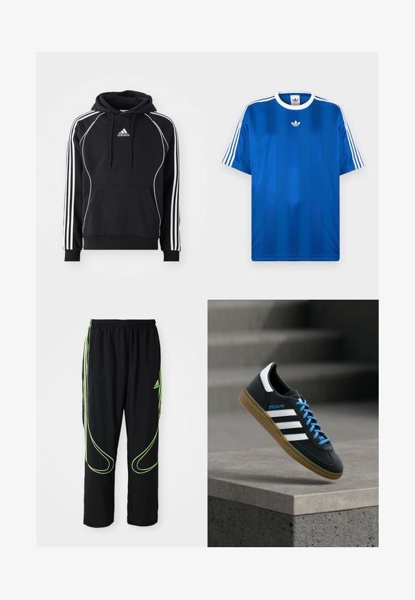 Musthave musta Adidas kapuutsiga, millel on valged triibud varrukatel, valge ääris ees, eesmine tasku ja reguleeritav kapuuts.; Kuninglik sinine spordisärk, valmistatud siledast kangast, mille varrukatel on valged triibud ja rinnal väike valge logo.; Mustad mustad Adidas spordipüksid, millel on neoonrohelised kumerad jooned ja kolm triipu külgedel, elastne vöökoht ja Adidas logo ees reie peal.; Must Adidas toss valgete triibu, siniste paelte ja kummist tallaga, hõljuv pehme valgusega halli betoonastme kohal.