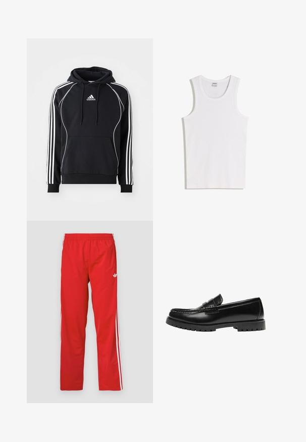 Zwarte Adidas hoodie met witte strepen op de mouwen, witte piping aan de voorkant, een voorvak en een capuchon met trektouw.; Witte katoenen tanktop met een ronde halslijn en brede schouderbanden. Gladde textuur, geen patronen of accenten, eenvoudig ontwerp.; Rode trainingsbroek van lichtgewicht stof met een elastische tailleband en witte strepen aan de zijkanten. Voorzien van een klein logo bij de heup.; Zwarte leren loafer met een dikke rubberen zool en klassieke penny-strap details, gezien vanaf de buitenkant.