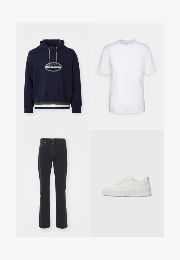 Marineblauer Hoodie mit gesticktem Logo in einem ovalen Patch. Verfügt über eine Kapuze mit Kordelzug und einem strukturierten Rippenbund mit kontrastierenden Streifen.; Weißes Baumwoll-T-Shirt mit Rundhalsausschnitt, kurzen Ärmeln und geradem Saum. Auf der linken Seitennaht befindet sich ein kleines Markenzeichen.; Schwarze Jeans aus Denim mit geradem Bein, ausgestattet mit fünf Taschen und einem Knopfverschluss. Der Stoff hat eine subtile Textur und eine robuste Verarbeitung.; Weiße Ledersneaker mit glatter Oberfläche, runder Zehenpartie, flachen Schnürsenkeln und strukturiertem Sohlenprofil. Mit einem dezenten Logo an der Ferse.