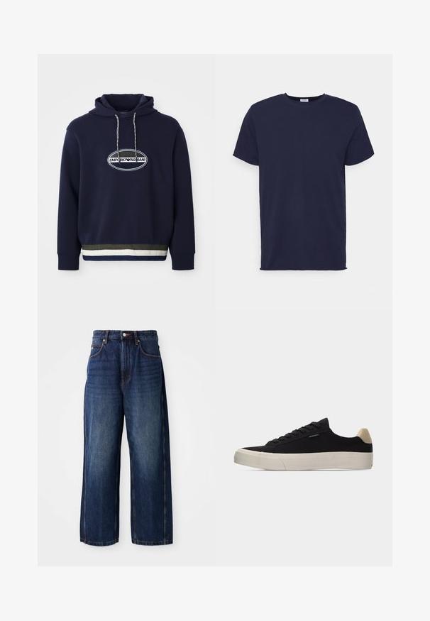 Marineblauwe hoodie met geborduurd logo op een ovale patch. Beschikt over een capuchon met trekkoord en een gestructureerde ribbelrand met contrasterende strepen.; Navyblauwe T-shirt met korte mouwen van zachte stof. Heeft een ronde hals en een rechte snit zonder patronen of accenten.; Donkerblauwe wijde-denim jeans. Kenmerken zijn een klassieke tailleband met riemlussen, zwarte zakken aan de voorkant en een rechte silhouet.; Zwarte lage sneaker met beige hielstuk, dikke witte rubberen zool, zwarte veters en een klein "PS Paul Smith" label aan de zijkant.