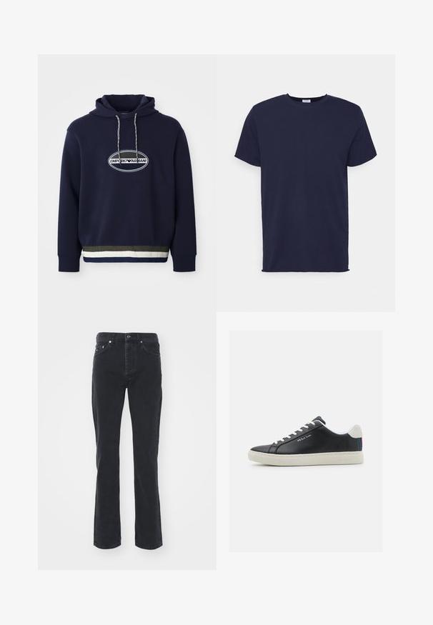 Marineblauer Hoodie mit gesticktem Logo in einem ovalen Patch. Verfügt über eine Kapuze mit Kordelzug und einem strukturierten Rippenbund mit kontrastierenden Streifen.; Marineblaues T-Shirt mit kurzen Ärmeln aus weichem Stoff. Es hat einen Rundhalsausschnitt und einen geraden Schnitt ohne Muster oder Akzente.; Schwarze Jeans aus Denim mit geradem Bein, ausgestattet mit fünf Taschen und einem Knopfverschluss. Der Stoff hat eine subtile Textur und eine robuste Verarbeitung.; Schwarze Leder-Sneaker mit weißen Schnürsenkeln und Gummisohle. Verfügt über einen blauen, roten und grünen gestreiften Akzent an der Ferse. Mit gestickten Details.