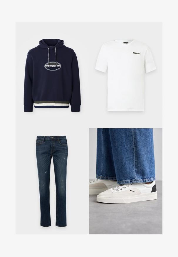 Mørkeblå hættebluse med broderet logo i en oval lap. Har en hætte med snoretræk og en tekstureret ribbet kant med kontrasterende striber.; Hvid bomulds T-shirt med korte ærmer, rund hals og en lille sort logo-patch på venstre bryst. Glat tekstur, standard pasform.; Mørkeblå slim-fit jeans med let falming og små hvide malingssprøjt, med fem lommer og knaplukning.; Hvide og sorte sneakers med en glat læderoverdel, teksturerede detaljer og en kraftig hvid sål. Har et klassisk snørebåndsdesign.