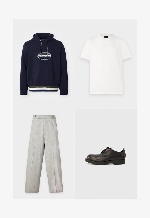 Marineblauwe hoodie met geborduurd logo op een ovale patch. Beschikt over een capuchon met trekkoord en een gestructureerde ribbelrand met contrasterende strepen.; Witte Armani Exchange t-shirt met korte mouwen, voorzien van een klein rechthoekig logo op de borst en een zwarte labelkraag.; Lichtgrijze wijde broek met voorplooien, riemlussen en een rechte snit, afgebeeld tegen een effen witte achtergrond.; Zwarte leren nette schoen met een ronde neus, minimale stiknaden en een lage rubberen hak, vastgemaakt met zwarte veters.