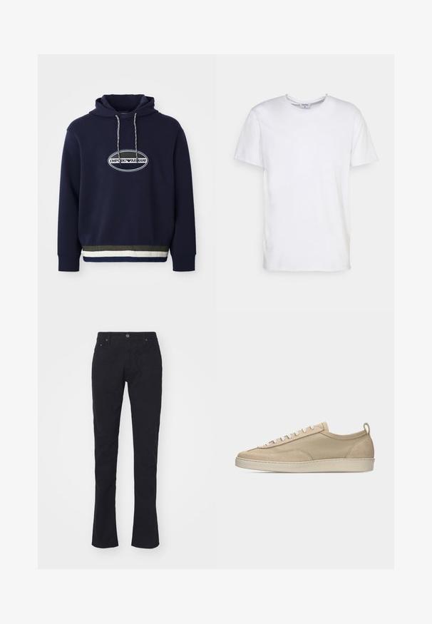 Marineblauwe hoodie met geborduurd logo op een ovale patch. Beschikt over een capuchon met trekkoord en een gestructureerde ribbelrand met contrasterende strepen.; Witte t-shirt met korte mouwen, gemaakt van katoen. Heeft een ronde halslijn en een comfortabele pasvorm zonder zichtbare patronen of accessoires.; Zwarte katoenbroeken met een recht model, voorzien van een knoopsluiting, twee voorzakken en een gladde textuur. Geen patronen of accenten.; Beige lage sneaker met bovenwerk van stof en suède, witte veters, rubberen zool en een lus aan de hiel, afgebeeld in zijaanzicht op een witte achtergrond.