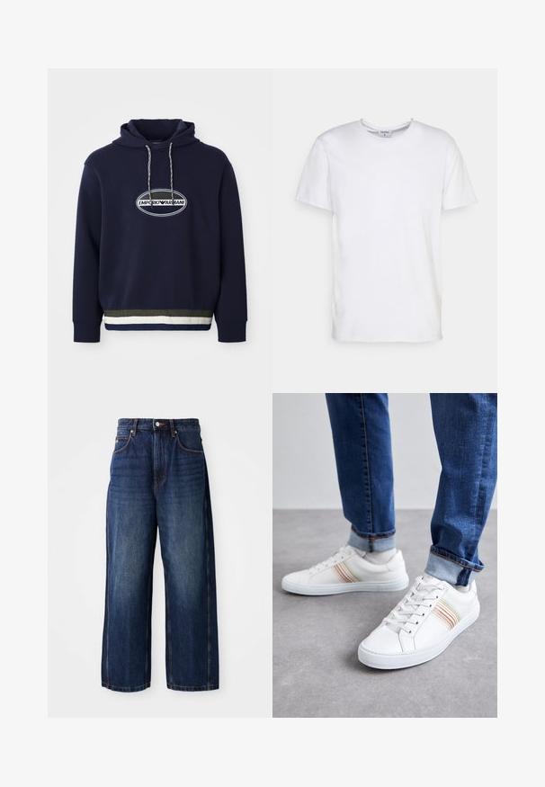Marineblauer Hoodie mit gesticktem Logo in einem ovalen Patch. Verfügt über eine Kapuze mit Kordelzug und einem strukturierten Rippenbund mit kontrastierenden Streifen.; Weißes T-Shirt mit kurzen Ärmeln aus Baumwolle. Es hat einen runden Halsausschnitt und eine lockere Passform ohne sichtbare Muster oder Akzente.; Dunkelblaue Weite-Leg-Jeans aus Denim. Verfügt über einen klassischen Bund mit Gürtelschlaufen, frontale Taschen und eine gerade Passform.; Weiße Leder-Sneaker mit mehrfarbigen Streifen, Schnürdesign, Gummisohle und gepolstertem Kragen, kombiniert mit blauen Jeans.