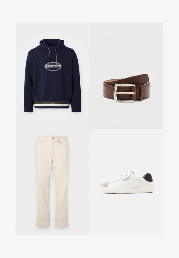 Marineblauer Hoodie mit gesticktem Logo in einem ovalen Patch. Verfügt über eine Kapuze mit Kordelzug und einem strukturierten Rippenbund mit kontrastierenden Streifen.; Beige Jeans aus Baumwollmischung mit geradem Bein. Sie verfügen über einen vorderen Knopf- und Reißverschluss, fünf Taschen und dezente Nähte.; Weißer Sneaker mit niedrigem Schaft, beiger Wildlederkappe, schwarzem Fersenlasche, weißen Schnürsenkeln und "ALLSAINTS LONDON"-Logo an der Seite.; Gekringelter glatter brauner Ledergürtel mit silberner rechteckiger Schnalle, graviert mit "Tiger of Sweden" auf neutralem Hintergrund.