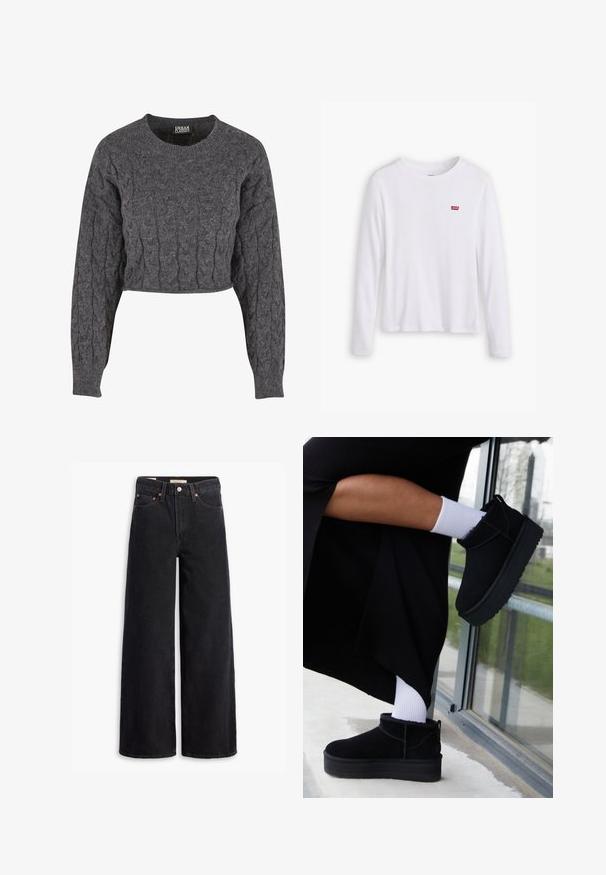Pull gris court avec motif torsadé, encolure ronde et manches longues. Fabriqué en matériau doux et texturé. Sans éléments métalliques visibles.; Chemise blanche à manches longues en coton doux. Présente un petit logo rouge Levi's sur la poitrine gauche. Design classique à col rond.; Jean noir à jambe large en denim, comportant cinq poches, des rivets en laiton et une fermeture à bouton classique. Texture lisse avec un design épuré.; Bottines en cuir suédé noir à semelle plate, avec une languette arrière, portées avec des chevilles blanches sur un fond minimaliste.