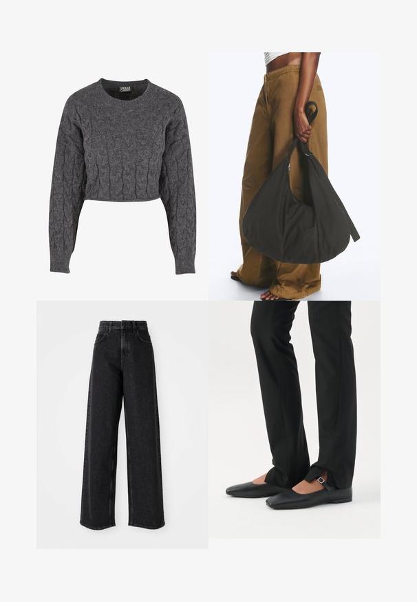 Pull gris court avec motif torsadé, encolure ronde et manches longues. Fabriqué en matériau doux et texturé. Sans éléments métalliques visibles.; Jean en denim noir à taille haute et jambes larges, avec un design classique à cinq poches et des détails de couture subtils.; Jambes vêtues d’un pantalon slim noir avec des fentes à l’avant de l’ourlet, assorties à des chaussures plates Mary Jane noires avec une petite bride à boucle.; Personne portant un pantalon marron à jambes larges et un haut blanc tenant un grand sac à main noir souple par sa lanière à côté d'elle.