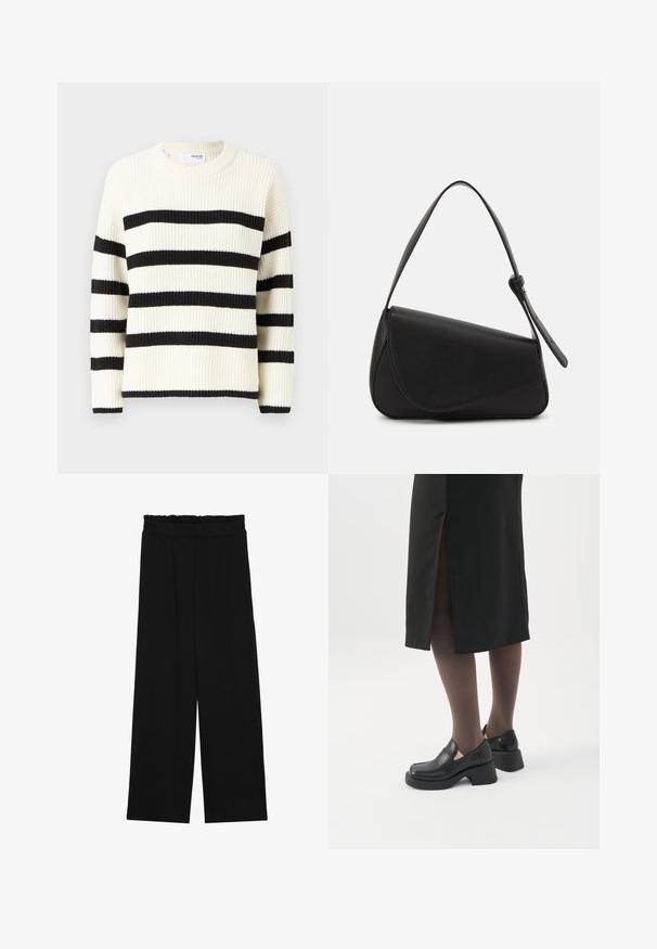 Cremefarvet sweater med brede sorte striber, ribbet tekstur og rund halsudskæring. Lange ærmer med sorte manchetter.; Sorte brede bukser med en rynket talje, der har to sidelommer og et glat, let stof. Ingen synlige mønstre eller hardware.; Kvinde iført sorte loafers med chunky hæl, sorte tynde strømpebukser og en sort nederdel med slids bagpå på hvid baggrund.; Sort læderhåndtaske med en triangular form, skrå klap og et rundt håndtag. Har en glat overflade og minimalistiske design detaljer.