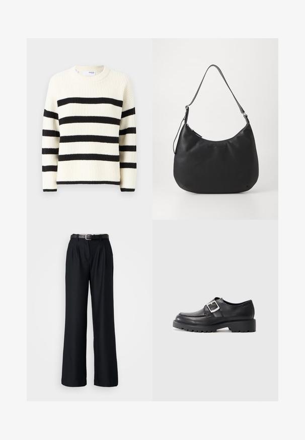 Pull crème avec de larges rayures noires, texture côtelée et col rond. Manches longues avec des poignets noirs.; Pantalons larges noirs en tissu lisse, dotés de plis devant et d'une ceinture noire assortie avec une boucle en argent.; Chaussures en cuir noir avec un bout arrondi, présentant un détail de boucle sur le côté et une semelle épaisse et robuste. Texture lisse avec peu de coutures.; Sac hobo noir en matériau lisse et durable. Comprend une seule sangle réglable et un logo embossé subtil à l'avant.