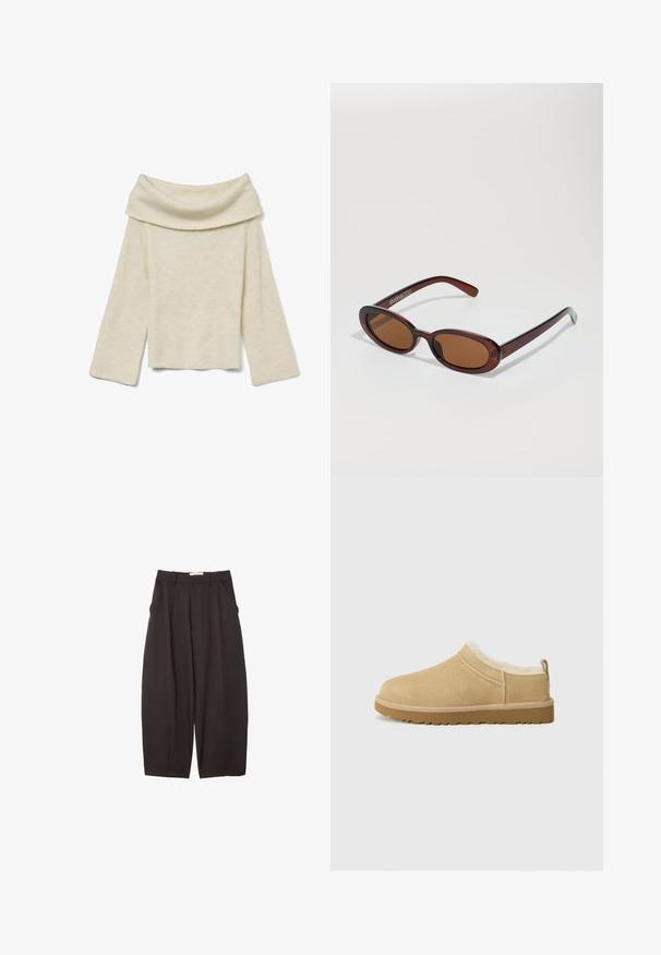 Vero Moda Knitted VMERA Knitted - Striktrøje - birch; Sorte brede bukser lavet af et glat stof, med høj talje, forfaldne folder og sidelommer. Simpelt design uden udsmykninger.; Suede slip-on sko i lys tan, med en blød pelsforing og tekstureret gummisål med en let hæl og bagestrop for nem påklædning.; Runde, bruntonede solbriller med en glansfuld bordeauxramme. Slanke arme med diskret brandingdetalje. Flad linsedesign.