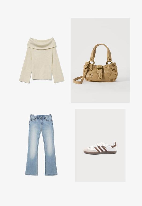 Vero Moda Knitted VMERA Knitted - Pullover - birch; Jean en denim bleu clair avec une jambe légèrement évasée, poches avant et arrière, fermeture par bouton, et détails délavés subtils sur les cuisses.; Baskets blanches Adidas Samba avec des bandes en daim marron, un bout en daim marron et une semelle en gomme sur fond gris clair.; Sac à main en cuir beige avec double poignées, boucle en laiton et détails rivetés, ainsi qu'une bandoulière réglable sur fond blanc.