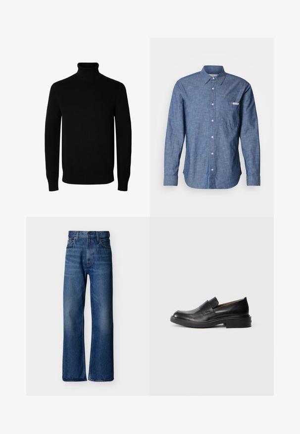 Sort langærmet rullekrave sweater med rib manchetter og kant, vist på en ensartet hvid baggrund.; Blå langærmet skjorte med knapper i et let, tekstureret stof. Har en lomme på venstre bryst og en lille logomærkat. Knapperne er lyse.; Blå denimjeans med høj talje, vidde ben, fem-lomme design og en subtil falmningseffekt. Calvin Klein-logo på linningen.; Sorte læder slip-on dress sko med lav hæl og subtil Calvin Klein logo på siden, vist i profil på en hvid baggrund.