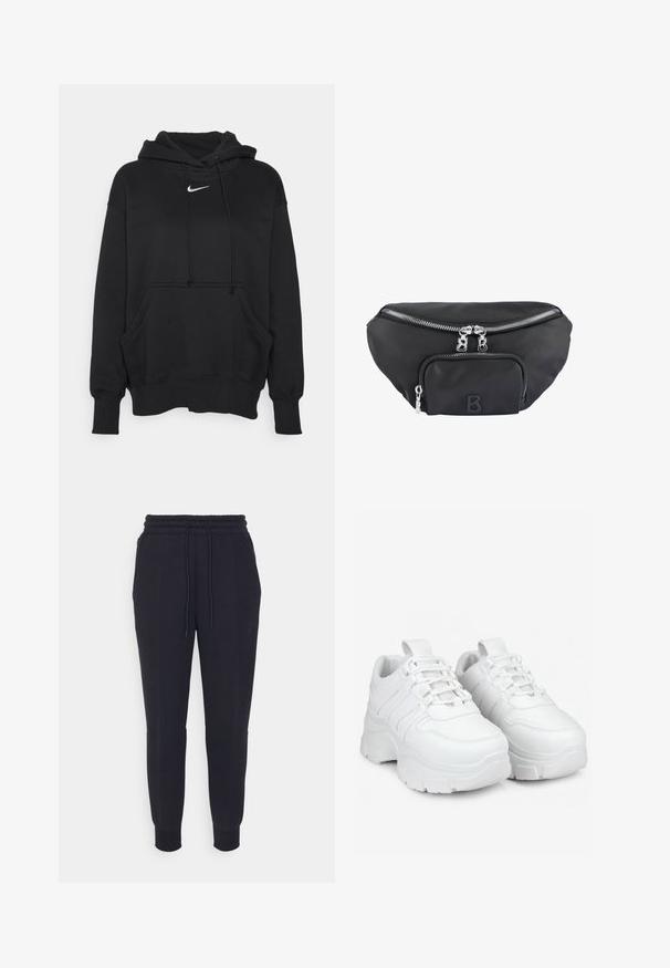 Sudadera con capucha negra, hecha de un tejido suave, con un bolsillo tipo canguro en la parte frontal, puños acanalados y un pequeño logotipo blanco de Nike en el pecho.; Pantalones de chándal negros hechos de una tela suave, con una cintura elástica y cordón, piernas ajustadas y bolsillos laterales. Textura lisa.; Las zapatillas blancas presentan un diseño voluminoso con una suela gruesa, paneles texturizados y un cierre de cordones. Están hechas de un material sintético suave.; Riñonera de nailon negra con un compartimento principal con cremallera y un bolsillo delantero, con cremalleras plateadas y un logotipo en relieve de la letra "B".