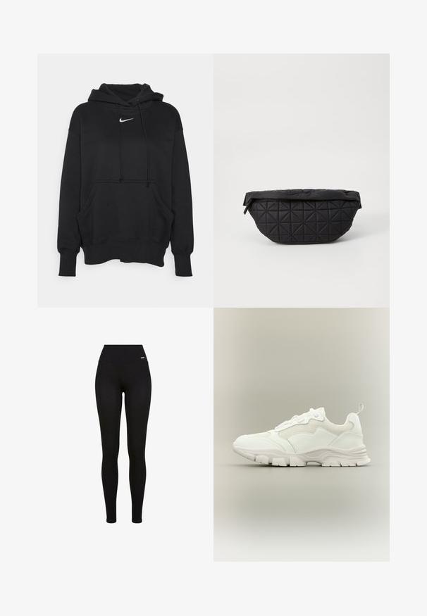 Čierna mikina s kapucňou vyrobená z mäkkej tkaniny, obsahujúca prednú kloktiacu vrecko, rebrované manžety a malé biele logo Nike na hrudi.; Čierne legíny s vysokým pásom, elastickou tkaninou, hladkou textúrou a priliehavým strihom, vhodné na bežné nosenie alebo športové aktivity.; Biela atletická teniska s sieťovinovým a koženým zvrškom, hrubou podrážkou a ťahacou slučkou na päte, zobrazená v bočnom profile na neutrálnom pozadí.; Čierna prešívaná taška s mäkkou, vypolstrovanou textúrou a ostrým diamantovým vzorom, s zakriveným siluetom a zipsom.