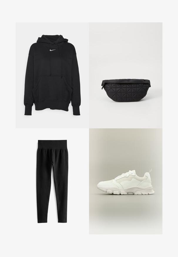 Sudadera con capucha negra, hecha de un tejido suave, con un bolsillo tipo canguro en la parte frontal, puños acanalados y un pequeño logotipo blanco de Nike en el pecho.; Leggings negras acanaladas con una ancha cinturilla elástica. La tela parece elástica y texturizada, terminando justo por encima del tobillo.; Zapatilla deportiva blanca con parte superior de malla y cuero, suela gruesa y lengüeta en el talón, mostrada de perfil sobre fondo neutro.; Bolso negro acolchado con una textura suave y acolchada y un patrón de diamantes angulares, con una silueta curvada y cierre de cremallera.