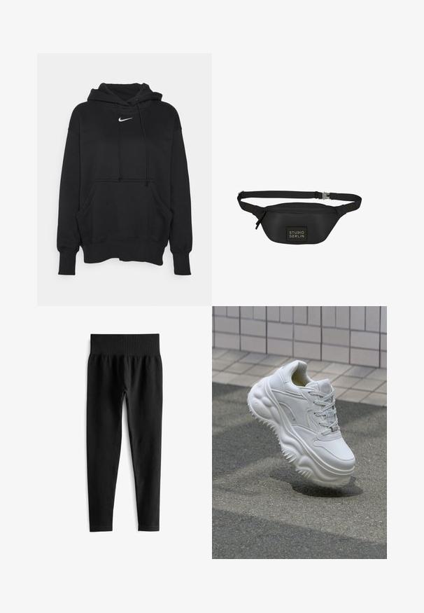 Čierna mikina s kapucňou vyrobená z mäkkej tkaniny, obsahujúca prednú kloktiacu vrecko, rebrované manžety a malé biele logo Nike na hrudi.; Čierne rebrované legíny so širokým elastickým pásom. Tkanina vyzerá pružne a textúrovane, končiac tesne nad členkom.; Biele kožené tenisky s masívnou podrážkou, textúrovanými detailami a šnurovaním. Obsahujú tvarované akcenty a hladký povrch.; Čierny ľadvinka vyrobená z hladkého, vodoodolného materiálu, s obdĺžnikovým telom, nastaviteľným popruhom a prednou logom nášivkou.