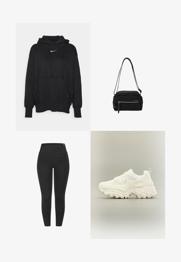 Sudadera con capucha negra, hecha de un tejido suave, con un bolsillo tipo canguro en la parte frontal, puños acanalados y un pequeño logotipo blanco de Nike en el pecho.; Mallas negras con una cintura alta elástica, textura suave y diseño ceñido, adecuadas para diversas actividades.; Zapatilla blanca gruesa con suela gruesa y texturizada, paneles de malla, cierre de cordones en la parte delantera y tira en el talón sobre un fondo neutro.; Bolso bandolera negro compacto acolchado con múltiples compartimentos con cremallera y una correa de hombro ajustable.