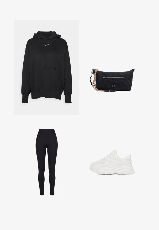 Čierna mikina s kapucňou vyrobená z mäkkej tkaniny, obsahujúca prednú kloktiacu vrecko, rebrované manžety a malé biele logo Nike na hrudi.; Čierne legíny s vysokým pásom, vyrobené z elastickej látky, s hladkou textúrou a priliehavým dizajnom bez viditeľných švov alebo vzorov.; Masívne biele tenisky s vrchnou časťou z sieťoviny a kože, texturovanou gumovou podrážkou, zaoblenou špičkou a šnurovaním. Obsahuje aj pútko na zadnej strane.; Čierna obdĺžniková náramková taška s predným vreckom na zips, béžový remienok s modrými korálkami a malým logom "BIMBA Y LOLA".