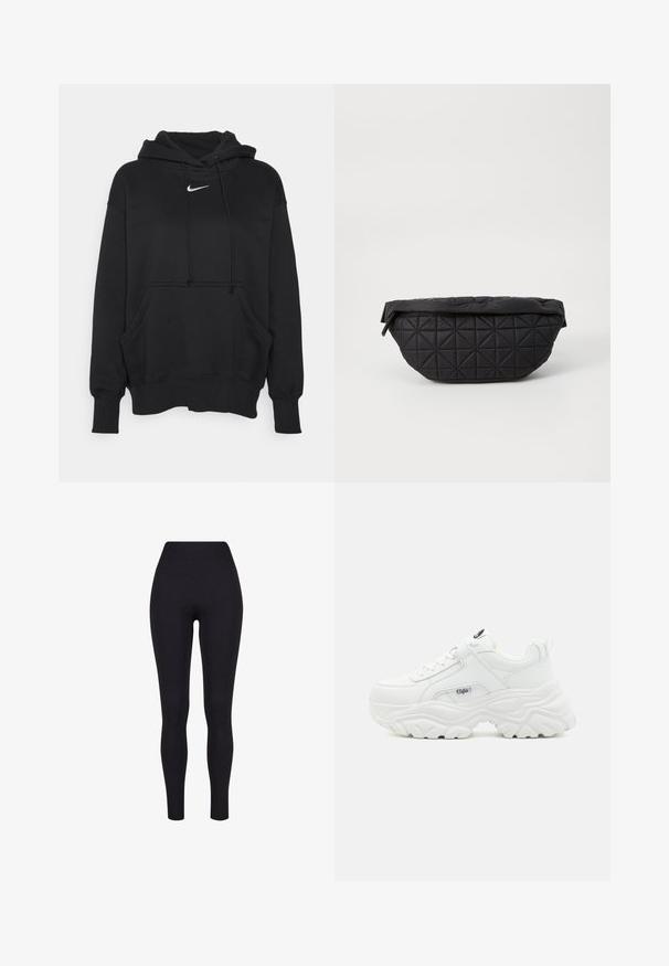 Zwarte hoodie gemaakt van zacht materiaal, met een voorzak in kangoeroestijl, geribbelde manchetten en een klein wit Nike-logo op de borst.; Zwarte leggings met een hoge taille, nauwsluitend en ontworpen voor comfort en stretch, gezien van voren tegen een effen witte achtergrond.; Witte chunky sneakers met een soepel leren bovenwerk, ronde neus en een dikke, gestructureerde zool met een zichtbaar merklogo aan de zijkant.; Zwarte, gewatteerde tas met een zachte, gewatteerde textuur en een hoekig ruitpatroon, met een gebogen silhouet en ritssluiting.