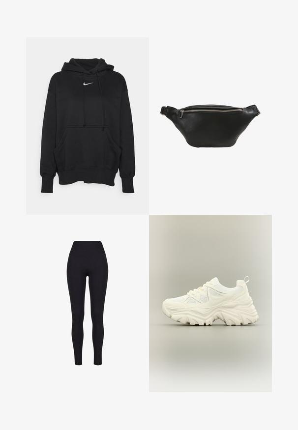 Čierna mikina s kapucňou vyrobená z mäkkej tkaniny, obsahujúca prednú kloktiacu vrecko, rebrované manžety a malé biele logo Nike na hrudi.; Čierne legíny s vysokým pásom, vyrobené z elastickej látky, s hladkou textúrou a priliehavým dizajnom bez viditeľných švov alebo vzorov.; Biele masívne tenisky s hrubou textúrovanou podrážkou, sieťovinovými panelmi, šnurovacím predkom a pútkom na päte na neutrálnom pozadí.; Čierna kožená ledvinka s hladkou textúrou, zakriveným tvarom a strieborným zipsom. Obsahuje jeden nastaviteľný popruh.