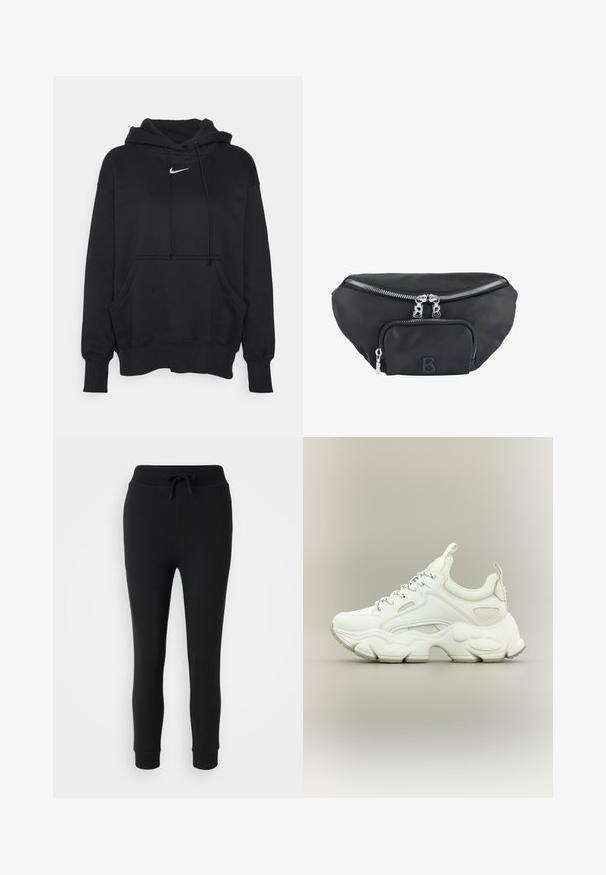 Sudadera con capucha negra, hecha de un tejido suave, con un bolsillo tipo canguro en la parte frontal, puños acanalados y un pequeño logotipo blanco de Nike en el pecho.; Even&Odd Petite by Zalando Pantalones deportivos - black; Zapatilla blanca gruesa con suela texturizada gruesa, parte superior de malla y cuero, cierre de cordones y lengüetas en la lengüeta y el talón.; Riñonera de nailon negra con un compartimento principal con cremallera y un bolsillo delantero, con cremalleras plateadas y un logotipo en relieve de la letra "B".