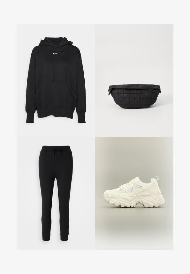 Čierna mikina s kapucňou vyrobená z mäkkej tkaniny, obsahujúca prednú kloktiacu vrecko, rebrované manžety a malé biele logo Nike na hrudi.; Even&Odd Petite by Zalando Tepláky - black; Biele masívne tenisky s hrubou textúrovanou podrážkou, sieťovinovými panelmi, šnurovacím predkom a pútkom na päte na neutrálnom pozadí.; Čierna prešívaná taška s mäkkou, vypolstrovanou textúrou a ostrým diamantovým vzorom, s zakriveným siluetom a zipsom.