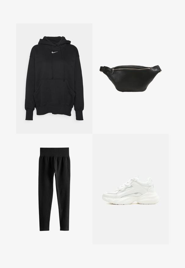 Zwarte hoodie gemaakt van zacht materiaal, met een voorzak in kangoeroestijl, geribbelde manchetten en een klein wit Nike-logo op de borst.; Zwarte geribbelde leggings met hoge taille en brede elastische tailleband, smalle pasvorm over de volledige lengte, zonder zichtbare logo’s of patronen.; Witte chunky sneaker met dikke zool, veters aan de voorkant en een glad bovenwerk van synthetisch materiaal met subtiele stikdetails.; Zwarte leren heuptas met een gladde textuur, gebogen vorm en een zilveren ritssluiting. Voorzien van een enkele verstelbare schouderband.