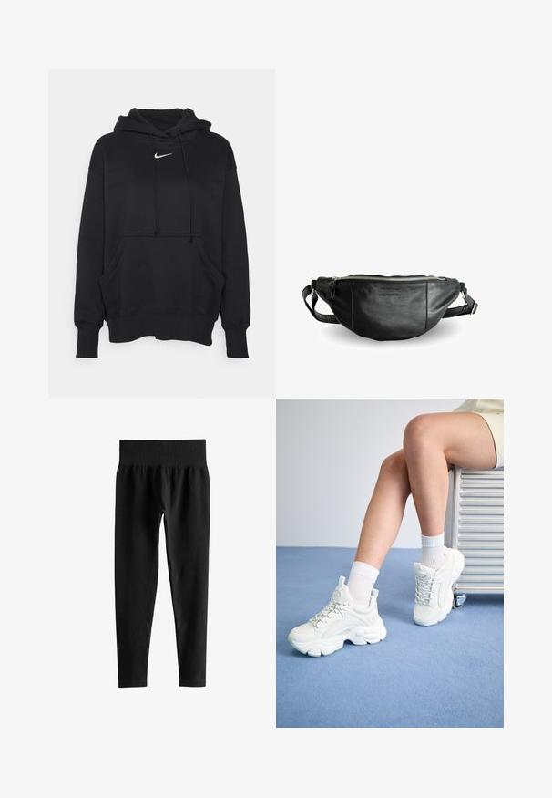 Sudadera con capucha negra, hecha de un tejido suave, con un bolsillo tipo canguro en la parte frontal, puños acanalados y un pequeño logotipo blanco de Nike en el pecho.; Leggings negros acanalados de talle alto con una amplia cintura elástica, ajuste ceñido de largo completo y sin logos ni estampados visibles.; Zapatillas blancas con cordones y suela gruesa, fabricadas en material sintético suave, con acentos texturizados y una lengüeta en el talón.; Still Nordic BASIC - Riñonera - black