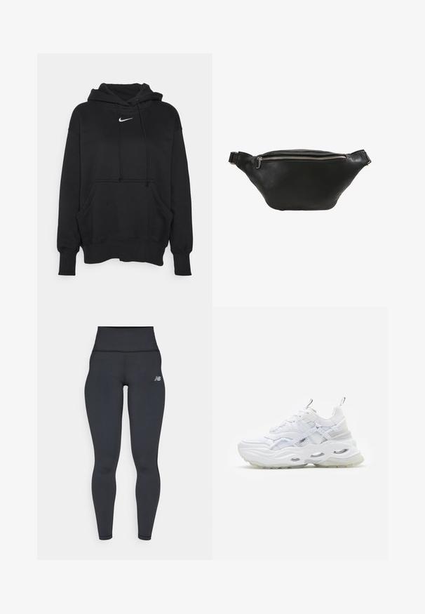 Čierna mikina s kapucňou vyrobená z mäkkej tkaniny, obsahujúca prednú kloktiacu vrecko, rebrované manžety a malé biele logo Nike na hrudi.; Čierne vysoké športové legíny s priliehavým strihom, hladkou textúrou a malým bielym logom na ľavom boku.; Biele tenisky s masívnou podrážkou, vrstveným sieťovinovým a syntetickým zvrškom, s vzorovanými akcentmi, systémom šnurovania a poutkom.; Čierna kožená ledvinka s hladkou textúrou, zakriveným tvarom a strieborným zipsom. Obsahuje jeden nastaviteľný popruh.