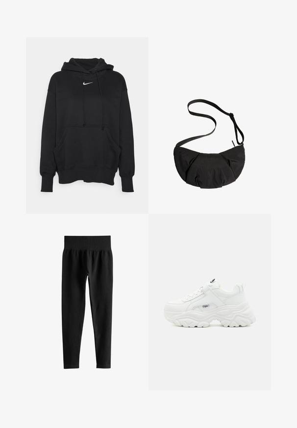 Čierna mikina s kapucňou vyrobená z mäkkej tkaniny, obsahujúca prednú kloktiacu vrecko, rebrované manžety a malé biele logo Nike na hrudi.; Čierne rebrované legíny s vysokým pásom, širokým elastickým pásom a štíhlymi nohavicami na bielom pozadí.; Biele chunky tenisky s hladkým koženým zvrškom, zaoblenou špičkou a hrubou textúrovanou podrážkou s viditeľným logom značky na boku.; Čierna polmesiacová crossbody taška s nastaviteľným remienkom a prvkami zozbieraného textilu na bielom pozadí.