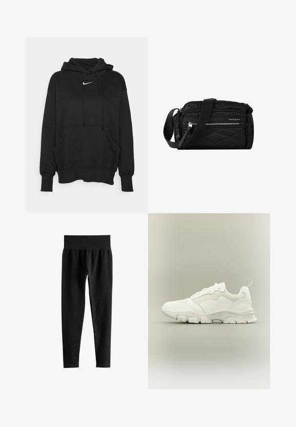 Sweatshirt à capuche noir en tissu doux, avec une poche kangourou à l'avant, des poignets côtelés et un petit logo Nike blanc sur la poitrine.; Leggings noirs côtelés taille haute avec une large ceinture élastique et des jambes slim longueur complète sur fond blanc.; Baskets blanches de sport avec tige en mesh et cuir, semelle épaisse et languette au talon, présentées de profil sur fond neutre.; Hedgren INNER CITY EMILY UMHÄNGETASCHE RFID SCHUTZ 24 CM - Sac bandoulière - new quilt black