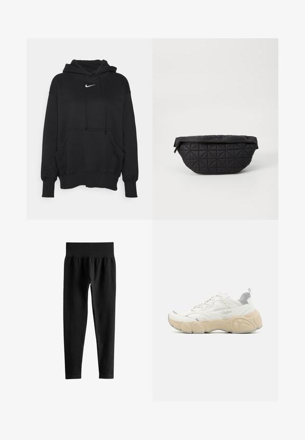 Čierna mikina s kapucňou vyrobená z mäkkej tkaniny, obsahujúca prednú kloktiacu vrecko, rebrované manžety a malé biele logo Nike na hrudi.; Čierne rebrované legíny s vysokým pásom, širokým elastickým pásom a štíhlymi nohavicami na bielom pozadí.; Biele tenisky s vrchom z mäkkej kože a sieťoviny, s polstrovaným golierom, textúrovanou gumovou podrážkou a jemnými metalickými akcentmi.; Čierna prešívaná taška s mäkkou, vypolstrovanou textúrou a ostrým diamantovým vzorom, s zakriveným siluetom a zipsom.