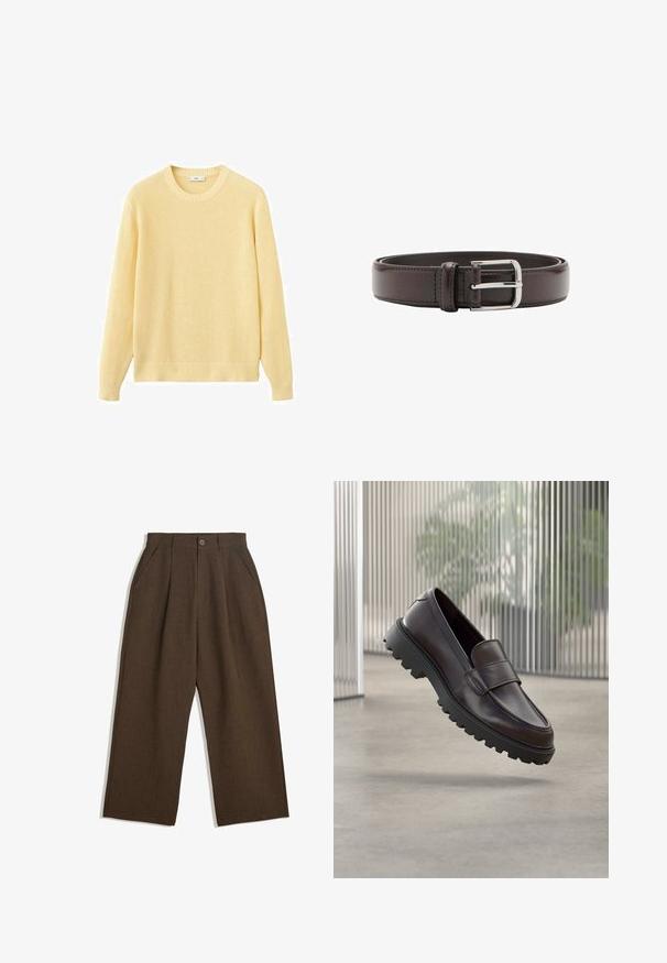 Pull tricoté jaune clair à manches longues, col rond, avec poignets et ourlet côtelés, présenté sur un fond blanc.; Pantalons plissés marron au design large, avec une fermeture à bouton et des poches latérales, en tissu texturé adapté à une tenue décontractée.; Chaussure à enfiler en cuir marron avec un bout rond et une semelle en caoutchouc noire robuste. Présente une bride décorative traversant le coup de pied.; Ceinture en cuir marron foncé avec boucle en métal argenté, roulée et posée à plat sur un fond blanc.
