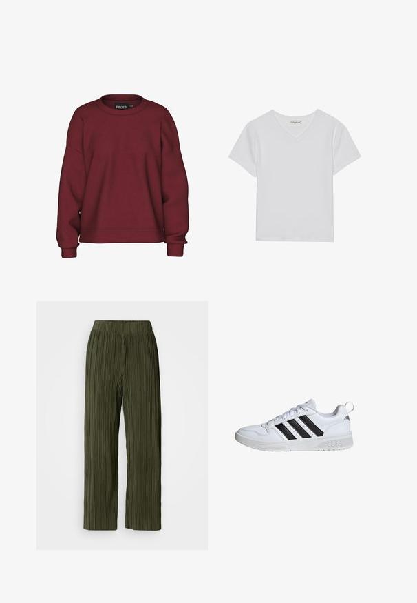 Bordeaux sweatshirt med rund hals, afslappet pasform, lange ærmer, ribbede manchetter og en blød bomuldsblanding. Simpelt design, ingen mønstre.; Hvid kortærmet V-hals t-shirt lavet af ribbet stof. Har et rent design med en lige kant og minimal detaljer.; Olivengrønne plisseebukser med bredt ben-design, der har et elastisk taljebånd og vertikal tekstur i hele stoffet.; Hvid Adidas-sneaker med sorte striber, snøredesign, polstret krave og tekstureret sål, vist i sideprofil med front mod venstre.
