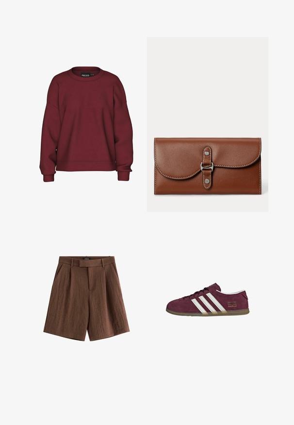 Bordeaux sweatshirt med rund hals, afslappet pasform, lange ærmer, ribbede manchetter og en blød bomuldsblanding. Simpelt design, ingen mønstre.; Brune højtaljede, skræddersyede linnedshorts med bæltestropper, forreste plisseringer og sidelommer, lagt fladt på en hvid baggrund.; Vinrød ruskindssneaker med hvide stribede detaljer, rund tå og en gumgummisål. Har et logo-mærke på ydersiden.; Brun læderpung med klaplukning sikret med rem og metalspænde, med syningsdetaljer langs kanterne.