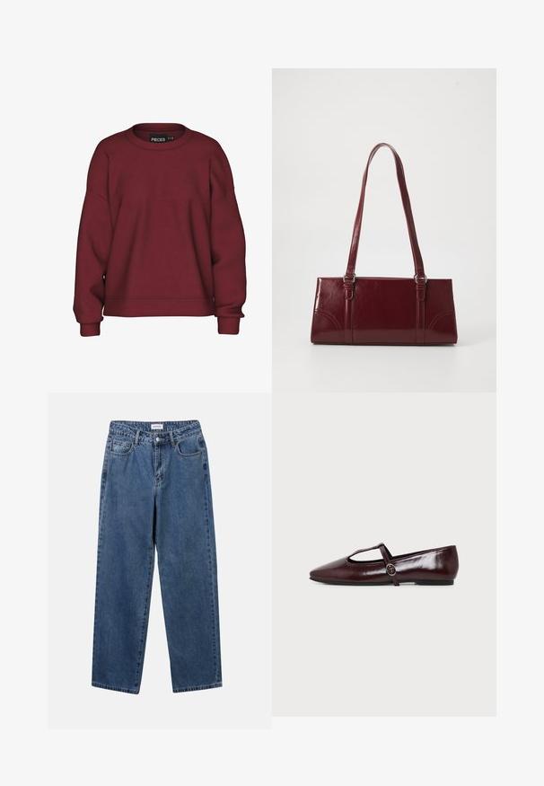Bordeaux sweatshirt med rund hals, afslappet pasform, lange ærmer, ribbede manchetter og en blød bomuldsblanding. Simpelt design, ingen mønstre.; Klassiske blå denimbukser med lige ben, fem lommer og knaplukning. Har en medium vask og en robust tekstur.; Mørk burgunderfarvet flad lædersko med spids tå og en tynd T-rem med en sølvspænde på en hvid baggrund.; Bordeaux håndtaske lavet af glansfuldt materiale, rektangulær form, med to skulderremme og subtile buede detaljer på forsiden.