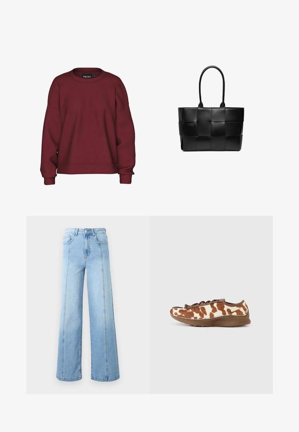 Bordeaux sweatshirt med rund hals, afslappet pasform, lange ærmer, ribbede manchetter og en blød bomuldsblanding. Simpelt design, ingen mønstre.; Lyseblå højtaljede vidde jeans med frontsyninger, knaplukning og fem-lomme design mod en ensfarvet baggrund.; Brun og cremefarvet mønstret sneaker med en blød, tekstureret overdel og en glat brun sål. Har snøredesign og diskret branding.; Sort tote bag lavet af vævet læder, med en glat overflade, rektangulær form og to solide håndtag til nem transport.