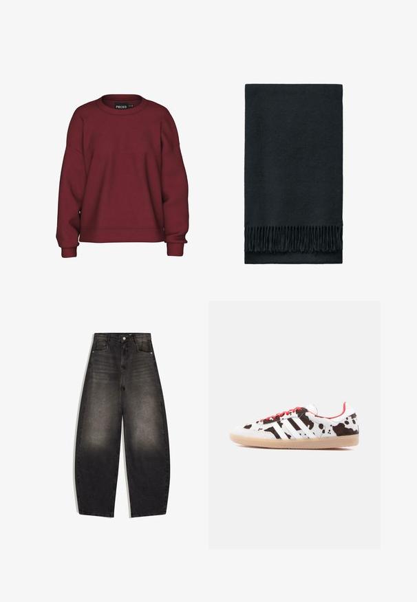 Bordeaux sweatshirt med rund hals, afslappet pasform, lange ærmer, ribbede manchetter og en blød bomuldsblanding. Simpelt design, ingen mønstre.; Sorte vidde-ben jeans i denim med høj talje, der har et klassisk fem-lomme design, subtilt falmet tekstur og metal hardware accenter.; Hvide sneakers med et ko-mønster, røde snørebånd og tre hvide striber. Tekstureret overdel og sål i gumgummi.; Sorth, rektangulær uld tørklæde med en blød tekstur, der har frynser i kanten for detaljens skyld.