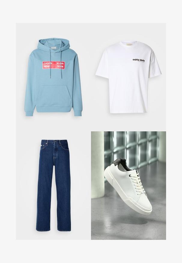 Lys blå hættetrøje med en frontlomme, der har en iøjnefaldende rød rektangulær grafik med teksten "CALVIN KLEIN NEW YORK" i hvid. Justerbar hætte.; Hvid bomulds t-shirt med korte ærmer, med sort "Calvin Klein" tekstlogo og et firkantet mærke nær halsudskæringen. Simpelt design.; Mørkeblå denimjeans med et bredt ben-design, der har en knaplukning og klassisk fem-lomme styling. Stoffet har en glat tekstur.; Hvid lav tå-sneaker med sort struktureret hælfane, hvide snørebånd og tyk sål på en poleret betongulv nær glasblokke.
