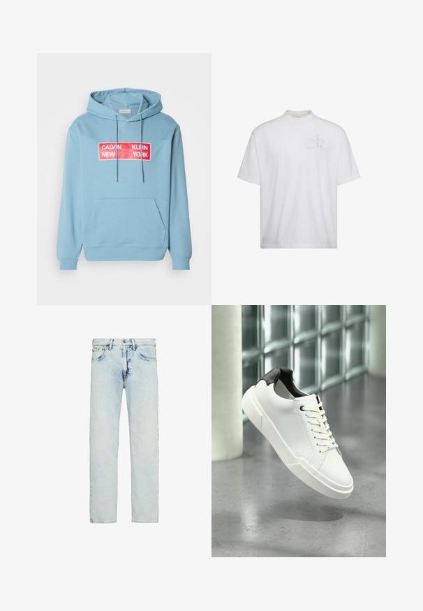 Hellblaue Kapuzenjacke mit einer vorderen Tasche, die ein auffälliges rotes rechteckiges Grafikdesign mit dem Text "CALVIN KLEIN NEW YORK" in Weiß zeigt. Verstellbare Kapuze.; Weißes T-Shirt mit kurzen Ärmeln und Stehkragen, mit dezent erhabenem "ck"-Logo auf der linken Brustseite.; Hellblaue High-Rise-Jeans mit geradem Bein, subtilen Verwaschungen und einem vorderen Knopf- und Reißverschluss.; Weißer Sneaker mit niedrigem Schaft, schwarzem, strukturiertem Fersenlaschen, weißen Schnürsenkeln und dicker Sohle auf einem polierten Betonboden in der Nähe von Glasbausteinen.
