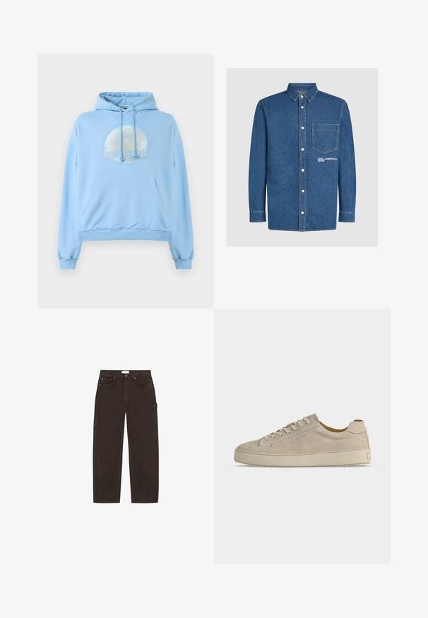 Lichtblauwe hoodie gemaakt van zacht materiaal, met een ronde grafische afbeelding van de maan en het woord "MOTHER" dat prominent wordt weergegeven.; Blauw denim overhemd met lange mouwen, knoopsluiting, een borstzak en het "KARL LAGERFELD JEANS" logo aan de voorkant aan de rechterkant.; Donkerbruine jeans met rechte pijpen, voorzakken, riemlussen, knoopsluiting en een zijlusdetail op een witte achtergrond.; Beige suède lage sneaker met vetersluiting en dikke rubberen zool, gezien vanaf de zijkant op een effen witte achtergrond.