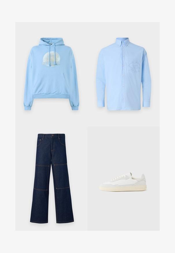 Helles blaues Kapuzensweatshirt aus weichem Material, mit einer runden Grafik des Mondes und dem prominent dargestellten Wort "MUTTER".; Helleblaue langärmelige Button-Up-Hemd aus Baumwolle, ausgestattet mit einer Fronttasche mit detailliertem Grafikdesign. Glatte Textur mit einem klassischem Kragen.; Dunkelblaue Denim-Hosen mit weit geschnittenem Bein und kontrastierender orangefarbener Naht, die große aufgesetzte Taschen an jedem Bein und einen Knopfverschluss an der Taille aufweisen.; Weißer Sneaker mit strukturiertem Obermaterial aus Wildleder und Leder. Verfügt über eine runde Zehenpartie, Schnürverschluss und eine kontrastierende beige Gummisohle.
