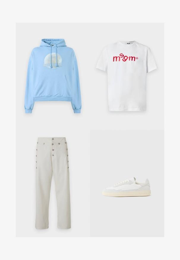 Sudadera con capucha de color azul claro, hecha de material suave, que presenta un gráfico circular de la luna y la palabra "MOTHER" de forma destacada.; Camiseta blanca de manga corta con el logo "msgm" bordado en rojo centrado en el pecho, cuello redondo y etiqueta de la marca MSGM en el interior del cuello.; Pantalones de color crema con corte recto que presentan detalles decorativos de botones plateados en ambos lados y una textura de tela suave.; Zapatilla blanca con parte superior texturizada de ante y cuero. Presenta una puntera redondeada, cierre con cordones y suela de goma beige contrastante.