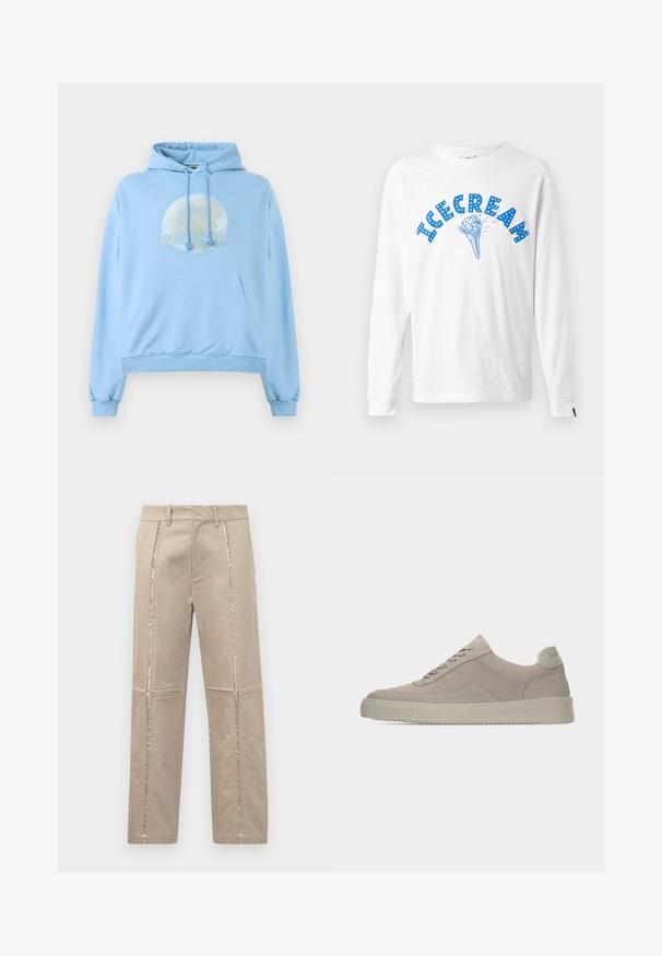 Sudadera con capucha de color azul claro, hecha de material suave, que presenta un gráfico circular de la luna y la palabra "MOTHER" de forma destacada.; Icecream ICECREAM CONE - Camiseta de manga larga - white; Pantalones beige con corte recto, que presentan franjas laterales de lentejuelas en color rosa dorado y sutiles detalles de costura en las piernas.; Zapatillas deportivas de ante beige con acabado texturizado, puntera redondeada y cordones tono sobre tono. Cuenta con una suela de goma gruesa y una sutil marca en el talón.
