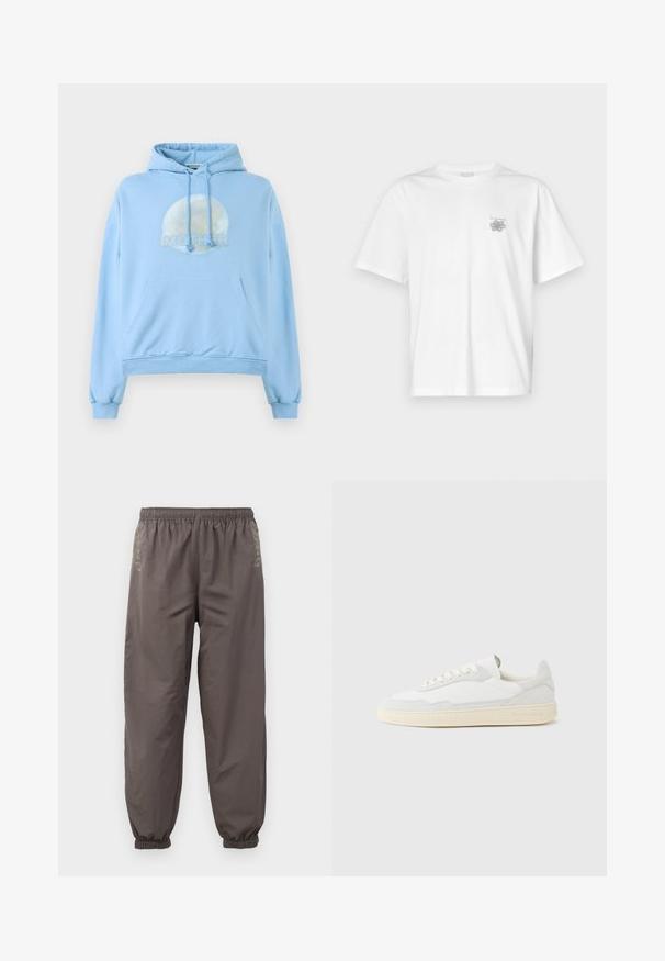 Helles blaues Kapuzensweatshirt aus weichem Material, mit einer runden Grafik des Mondes und dem prominent dargestellten Wort "MUTTER".; Weißes T-Shirt aus Baumwolle mit kurzen Ärmeln, Rundhalsausschnitt und kleinem grauen Logo auf der linken Brustseite. Glatte Textur.; Dunkelgraue, elastische Hosen mit lockerer Passform. Mit gerafften Bündchen und dezentem Stickerei an den Seiten. Leichter Stoff.; Weißer Sneaker mit strukturiertem Obermaterial aus Wildleder und Leder. Verfügt über eine runde Zehenpartie, Schnürverschluss und eine kontrastierende beige Gummisohle.