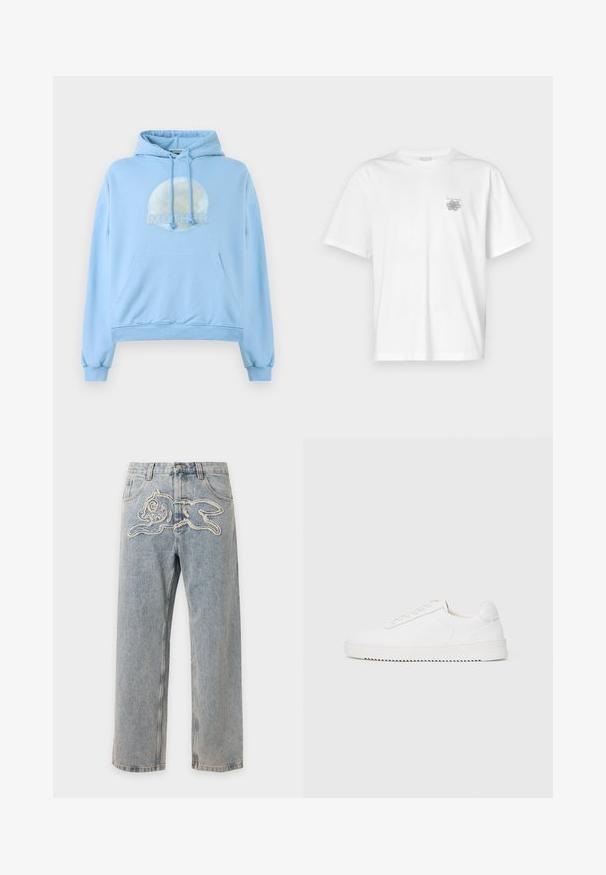 Lichtblauwe hoodie gemaakt van zacht materiaal, met een ronde grafische afbeelding van de maan en het woord "MOTHER" dat prominent wordt weergegeven.; Witte t-shirt van katoen met korte mouwen, een ronde hals, en een klein grijs logo op de linker borstzijde. Soepele textuur.; Lichtblauwe denim jeans met een gestikt speels konijnenontwerp aan de voorkant ter hoogte van de taille.; Witte sneaker met een gladleren bovenkant, ronde neus, veters, gestructureerde zijaccenten en een dikke rubberen zool. Minimalistisch ontwerp.