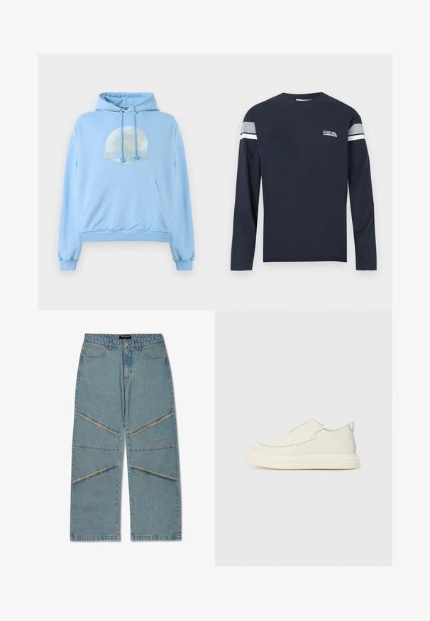 Sudadera con capucha de color azul claro, hecha de material suave, que presenta un gráfico circular de la luna y la palabra "MOTHER" de forma destacada.; Camiseta de manga larga azul marino en tejido de algodón con cuello redondo, una raya blanca y gris en las mangas y un pequeño detalle de logo en el pecho.; Jeans de mezclilla azul claro con un corte holgado, que presentan acentos de costura diagonal, bordes deshilachados y un logo bordado en la parte frontal.; Zapatilla slip-on en material texturizado color blanco roto con una suela gruesa y estriada. Presenta costuras mínimas y un sutil acento azul claro.